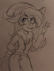 Size: 3024x4032 | Tagged: safe, artist:cyberf41ry, derpibooru import, oc, oc:winter mint, anthro, cow, cow pony, big ears, clothes, ears, eyelashes, floppy ears, hat, pants, spots, traditional art, waving, winter outfit