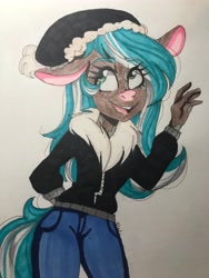 Size: 3024x4032 | Tagged: safe, artist:cyberf41ry, derpibooru import, oc, oc only, oc:winter mint, anthro, cow, cow pony, big ears, clothes, colored, ears, eyelashes, floppy ears, hat, pants, solo, spots, tail, traditional art, two toned mane, two toned tail, watermark, waving, winter outfit