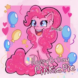 Size: 2066x2066 | Tagged: safe, artist:stormagedoom, derpibooru import, pinkie pie, earth pony, pony, balloon, female, happy birthday, heart, high res, mare, open mouth, open smile, passepartout, sitting, smiling, solo, stars