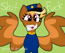 Size: 1080x873 | Tagged: safe, artist:mochi_grenade, derpibooru import, oc, oc:shitfuck, pegasus, pony, blonde, clothes, female, forced meme, green background, hat, letter, looking at you, mare, mouth hold, red eyes, signature, simple background, spread wings, telegram pony, text, uniform, vulgar, wings