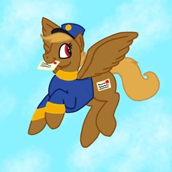 Size: 750x750 | Tagged: safe, artist:honeydonkey777, derpibooru import, oc, oc:shitfuck, pegasus, pony, blue background, clothes, female, flying, forced meme, hat, letter, mare, mouth hold, red eyes, simple background, solo, spread wings, telegram pony, uniform, vulgar, wings