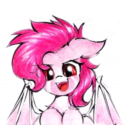 Size: 1638x1639 | Tagged: safe, artist:liaaqila, derpibooru import, pinkie pie, bat pony, pony, bat ponified, bat wings, commission, fangs, female, looking at you, mare, open mouth, open smile, pinkiebat, race swap, red eyes, signature, simple background, smiling, solo, traditional art, white background, wings