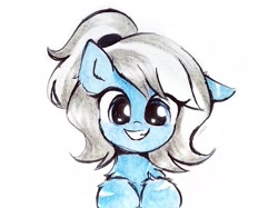 Size: 1891x1418 | Tagged: safe, artist:liaaqila, derpibooru import, oc, oc only, pony, female, grin, looking at you, mare, one ear down, signature, simple background, smiling, smiling at you, solo, traditional art, white background