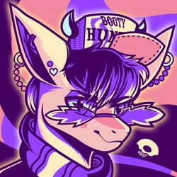 Size: 3600x3600 | Tagged: safe, artist:poxy_boxy, derpibooru import, oc, oc only, pony, abstract background, bust, commission, ear piercing, earring, hat, jewelry, limited palette, looking at you, novelty glasses, piercing, smiling, smiling at you, solo, sunglasses, trucker hat