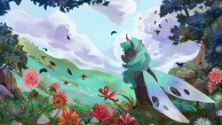 Size: 3840x2160 | Tagged: safe, artist:wolfiedrawie, derpibooru import, oc, oc only, bird, changeling, changeling oc, flower, leaves, meadow, scenery, sky, solo