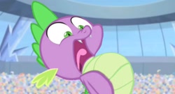 Size: 1732x934 | Tagged: safe, derpibooru import, edit, edited screencap, screencap, spike, equestria games (episode), open mouth, puffed chest, solo