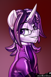 Size: 2000x3000 | Tagged: safe, artist:jedayskayvoker, derpibooru import, oc, oc:bass canon, pony, unicorn, bust, clothes, glasses, gradient background, icon, latex, latex socks, latex suit, looking at you, male, portrait, rubber, rubber suit, shiny, smiling, smiling at you, socks, solo, stallion