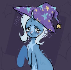 Size: 1704x1670 | Tagged: safe, artist:stanleyiffer, derpibooru import, trixie, pony, unicorn, bust, crying, hat, simple background, solo, starry eyes, the sad and depresive trixie, wingding eyes