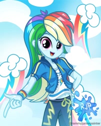 Size: 1080x1335 | Tagged: safe, artist:rjp.rammy, derpibooru import, rainbow dash, human, better together, equestria girls, belly button, blushing, clothes, cutie mark on clothes, female, hand on hip, hoodie, looking at you, open mouth, open smile, signature, smiling, smiling at you, solo