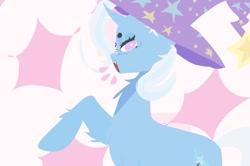 Size: 930x618 | Tagged: safe, artist:stanleyiffer, derpibooru import, trixie, pony, unicorn, fluffy, hat, open mouth, raised hoof, raised leg, solo, starry eyes, wingding eyes