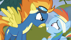 Size: 2001x1125 | Tagged: safe, derpibooru import, screencap, rainbow dash, spitfire, pegasus, newbie dash, angry, bandage, clothes, face to face, female, goggles, looking at each other, looking at someone, mare, smiling, uniform, wonderbolts, wonderbolts uniform