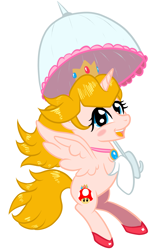 Size: 1500x2300 | Tagged: safe, artist:flutterblaze, derpibooru import, alicorn, pony, g4, clothes, crown, fanart, female, gloves, hoof gloves, jewelry, parasol (umbrella), ponified, princess peach, regalia, simple background, solo, species swap, super mario bros., umbrella, vector, white background