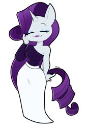 Size: 1596x2309 | Tagged: safe, artist:tysobro, derpibooru import, rarity, anthro, unicorn, clothes, curly hair, curly tail, dress, ears, ears up, eyebrows, eyelashes, eyes closed, eyeshadow, female, hand on face, hips, horn, lips, lipstick, long hair, long skirt, long sleeves, makeup, mouth, nostrils, pose, simple background, skirt, sleeveless, solo, tail, unicorn horn, waist, white background, wide hips