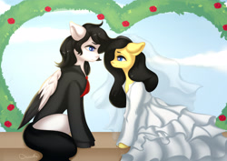 Size: 3508x2480 | Tagged: safe, artist:ottava, derpibooru import, oc, oc only, earth pony, pegasus, clothes, dress, eye contact, female, looking at each other, looking into each others eyes, male, mare, marriage, oc x oc, shipping, stallion, straight, wedding, wedding dress