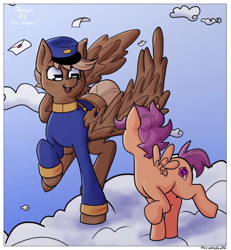 Size: 1080x1169 | Tagged: safe, artist:theunholydika, derpibooru import, scootaloo, pegasus, pony, clothes, cloud, duo, female, filly, foal, hat, letter, mare, signature, sky background, spread wings, telegram pony, trotting, uniform, vulgar description, wings