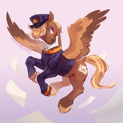 Size: 1080x1080 | Tagged: safe, artist:regularcitrus, derpibooru import, pegasus, pony, blonde, clothes, female, flying, hat, letter, mare, mouth hold, red eyes, signature, simple background, spread wings, telegram pony, uniform, wings