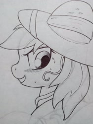 Size: 3072x4096 | Tagged: safe, artist:public mistake, derpibooru import, daring do, pegasus, pony, bust, female, grayscale, grin, looking back, mare, monochrome, pencil drawing, smiling, solo, traditional art, wip