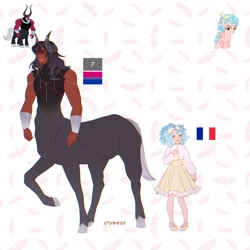 Size: 2048x2048 | Tagged: safe, artist:cryweas, derpibooru import, cozy glow, lord tirek, centaur, human, pegasus, pony, taur, abs, alternate hairstyle, bisexual pride flag, bow, child, clothes, dress, duo, female, france, french, grin, hair bow, humanized, jewelry, male, muscles, necklace, nose piercing, nose ring, piercing, pride, pride flag, reference sheet, simple background, smiling, unshorn fetlocks, white background