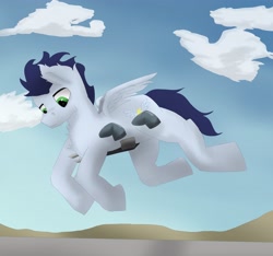 Size: 4045x3792 | Tagged: safe, artist:stemtex477, artist:yo tengo, derpibooru import, soarin', pegasus, pony, anatomically incorrect, chest fluff, flying, incorrect leg anatomy, male, small wings, solo, wings