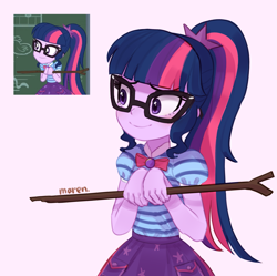 Size: 2869x2857 | Tagged: safe, artist:maren, derpibooru import, screencap, sci-twi, twilight sparkle, human, better together, equestria girls, holidays unwrapped, clothes, glasses, high res, open mouth, open smile, school uniform, sci-twiabetes, screencap reference, smiling, solo, stick, the cider louse fools