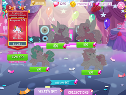 Size: 2048x1536 | Tagged: safe, derpibooru import, honeysuckle, seashell (g1), snuzzle, earth pony, flutter pony, pony, g1, bow, coin, collection, costs real money, english, female, forget-me-not, gameloft, gem, group, mare, mobile game, my little pony: magic princess, numbers, official, starshine (g1), tail, tail bow, text, timer, wings