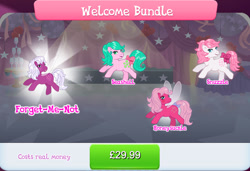 Size: 1266x864 | Tagged: safe, derpibooru import, honeysuckle, seashell (g1), snuzzle, earth pony, flutter pony, pony, g1, bow, coin, collection, costs real money, english, female, forget-me-not, gameloft, gem, group, mare, mobile game, my little pony: magic princess, numbers, official, tail, tail bow, text, timer, wings