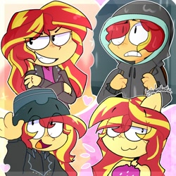 Size: 2000x2000 | Tagged: safe, artist:lyladestructs, derpibooru import, sunset shimmer, equestria girls, female, grin, ponied up, smiling