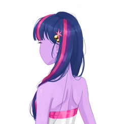 Size: 2048x2007 | Tagged: safe, artist:shagin_, derpibooru import, twilight sparkle, equestria girls, backless, bare shoulders, female, simple background, sleeveless, solo, strapless, white background