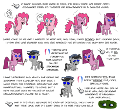 Size: 3272x2944 | Tagged: safe, artist:chopsticks, derpibooru import, pinkie pie, oc, oc:chopsticks, earth pony, pegasus, pony, comic:wtb is this?, abuse, chest fluff, clone, comic, crying, dialogue, fangs, female, hat, hiding, hiding in bushes, hoof hold, husband and wife, male, mare, married couple, meat cleaver, pinkamena diane pie, pinkie clone, possession, reincarnation, simple background, stallion, text, threatening, transformation, unshorn fetlocks, weapon, white background