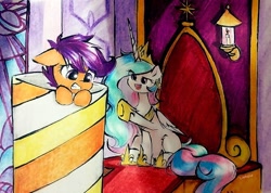 Size: 680x483 | Tagged: safe, artist:liaaqila, derpibooru import, princess celestia, scootaloo, alicorn, pegasus, pony, cannon, do you like bananas?, friendship is magic bitch, jewelry, pony cannonball, regalia, this will end in tears and/or a journey to the moon, throne, throne room, to the moon, trollestia