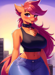 Size: 1800x2444 | Tagged: safe, ai content, derpibooru import, editor:parzive1, generator:purplesmart.ai, generator:stable diffusion, machine learning generated, scootaloo, anthro, pegasus, belly button, big breasts, blushing, boobaloo, breasts, buff, chest fluff, city, clothes, collar, crop top bra, denim, female, giantess, jeans, long hair, long tail, looking at you, macro, mare, muscles, muscular female, older, older scootaloo, pants, prompter:parzive1, sexy, short shirt, smiling, solo, sports bra, strongaloo, stupid sexy scootaloo, tail, thighs, thunder thighs, tongue, tongue out, wide hips