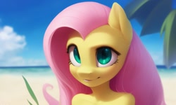 Size: 1280x768 | Tagged: safe, ai content, derpibooru import, generator:pony diffusion v4, generator:stable diffusion, machine learning generated, fluttershy, anthro, bare shoulder portrait, bare shoulders, beach, bust, green eyes, looking at you, ocean, portrait, solo, upper body, water
