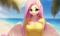 Size: 1280x768 | Tagged: safe, ai content, derpibooru import, generator:pony diffusion v4, generator:stable diffusion, machine learning generated, fluttershy, anthro, beach, clothes, female, green eyes, looking at you, ocean, sad, solo, spread wings, water, wings
