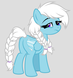 Size: 1919x2048 | Tagged: safe, artist:feather_bloom, derpibooru import, oc, oc only, oc:feather_bloom, pony, braid, braided pigtails, braided tail, gray background, messy mane, morning, pigtails, simple background, sleepy, solo, tail, tired