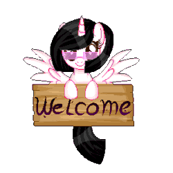 Size: 300x300 | Tagged: safe, artist:angellightyt, derpibooru import, oc, oc only, alicorn, pony, alicorn oc, animated, eyelashes, gif, horn, sign, simple background, smiling, solo, spread wings, sunglasses, transparent background, wings
