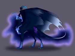 Size: 8000x6000 | Tagged: safe, artist:laisnicizak, derpibooru import, nightmare moon, alicorn, dragon, hybrid, pony, absurd resolution, blue eyes, blue mane, blue tail, claws, curved horn, digital art, dragon wings, dragonified, ethereal mane, ethereal tail, fangs, feather, female, flowing mane, flowing tail, glowing, glowing eyes, gray background, helmet, high res, hoof shoes, horn, lidded eyes, mare, peytral, simple background, smiling, solo, species swap, spread wings, starry mane, starry tail, tail, wings
