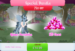 Size: 1268x858 | Tagged: safe, derpibooru import, alicorn, zebra, bundle, costs real money, ear piercing, earring, english, female, gameloft, gem, horn, horn ring, jewelry, mare, mobile game, my little pony: magic princess, necklace, numbers, official, piercing, queen parabola, ring, sale, solo, solo focus, spread wings, text, wings, zebra alicorn