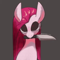 Size: 1280x1280 | Tagged: safe, artist:metaruscarlet, derpibooru import, pinkie pie, earth pony, pony, cute, cuteamena, female, knife, mouth hold, pinkamena diane pie, simple background, solo