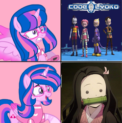 Size: 1075x1080 | Tagged: safe, artist:rumblemlpatarster, oc, oc:hsu amity, alicorn, pony, aelita schaeffer, banned from derpibooru, code lyoko, cringing, deleted from derpibooru, demon slayer, digital art, meme, nezuko kamado