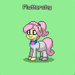 Size: 835x832 | Tagged: safe, derpibooru import, fluttershy, clothes, crystal curtain: world aflame, green background, necktie, pinpoint eyes, pixel art, ponytail, simple background, skirt, solo, suit, sweater, sweatershy