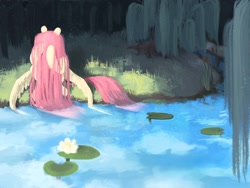 Size: 2048x1536 | Tagged: artist needed, source needed, safe, derpibooru import, fluttershy, pegasus, pony, female, forest, lilypad, long mane, solo, washing, water