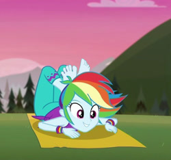 Size: 672x628 | Tagged: safe, derpibooru import, edit, edited screencap, screencap, rainbow dash, better together, equestria girls, sunset's backstage pass!, wake up!, wake up!: rainbow dash, clothes, cute, feet, female, gym, pants, pose, rainbow, relaxing, soles, solo, yoga, yoga pants