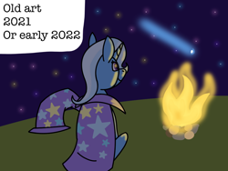 Size: 1024x768 | Tagged: safe, artist:the crystal artist, derpibooru import, trixie, pony, unicorn, 2021, 2022, calm, campfire, cape, clothes, cute, diatrixes, facing away, female, fire, happy, hat, hill, mare, night, old art, shooting star, sitting, solo, stars, text, trixie's cape, trixie's hat
