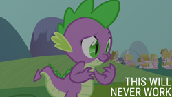 Size: 2000x1125 | Tagged: safe, derpibooru import, edit, edited screencap, editor:quoterific, screencap, spike, keep calm and flutter on