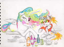 Size: 4000x2950 | Tagged: safe, artist:ja0822ck, derpibooru import, princess celestia, oc, oc:dyx, alicorn, pony, bottle, cake, food, molotov cocktail, simple background, teapot, traditional art