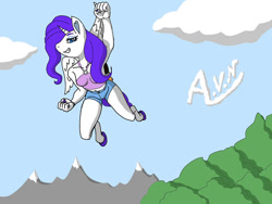 Size: 1032x774 | Tagged: safe, artist:nomoreafailure, derpibooru import, rarity, alicorn, anthro, alicornified, clenched fist, clothes, flying, grin, hot pants, mountain, mountain range, race swap, raricorn, sky, smiling