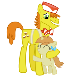 Size: 800x828 | Tagged: safe, artist:ridingonrainbows, derpibooru import, carrot cake, pumpkin cake, earth pony, unicorn, 2018, ^^, apron, blank flank, bow, bowtie, clothes, duo, duo male and female, eyes closed, father and child, father and daughter, female, hair bow, hat, hug, male, older, older pumpkin cake, parent and child, simple background, transparent background