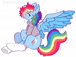 Size: 2048x1530 | Tagged: safe, artist:spookyfoxinc, derpibooru import, rainbow dash, pegasus, pony, g4, :p, blue wings, clothes, fluffy hair, hoodie, raised hoof, raised leg, simple background, socks, solo, spread wings, tongue, tongue out, white background, wings