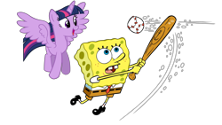 Size: 1920x1080 | Tagged: safe, artist:thxfan2022, derpibooru import, twilight sparkle, twilight sparkle (alicorn), alicorn, bat, pony, baseball, crossover, duo, female, male, nickelodeon, simple background, sponge, spongebob squarepants, spongebob squarepants (character), spongetwi, sports, swinging, transparent background