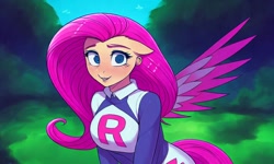 Size: 1280x768 | Tagged: safe, ai content, derpibooru import, generator:pony diffusion v4, generator:stable diffusion, machine learning generated, fluttershy, anthro, anime, blue eyes, clothes, cosplay, costume, female, looking at you, pokémon, solo, spread wings, team rocket, wings